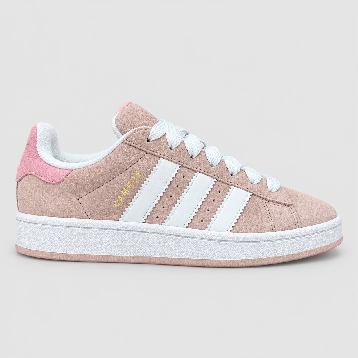 adidas Campus — Dusty Pink / White Dusty Pink / White low-top sneaker with lace-up fastening, layered panels and three-stripe detailing. Browse the cleaned catalogue image and original supplier photo, and select your UK size from 3 to 9.